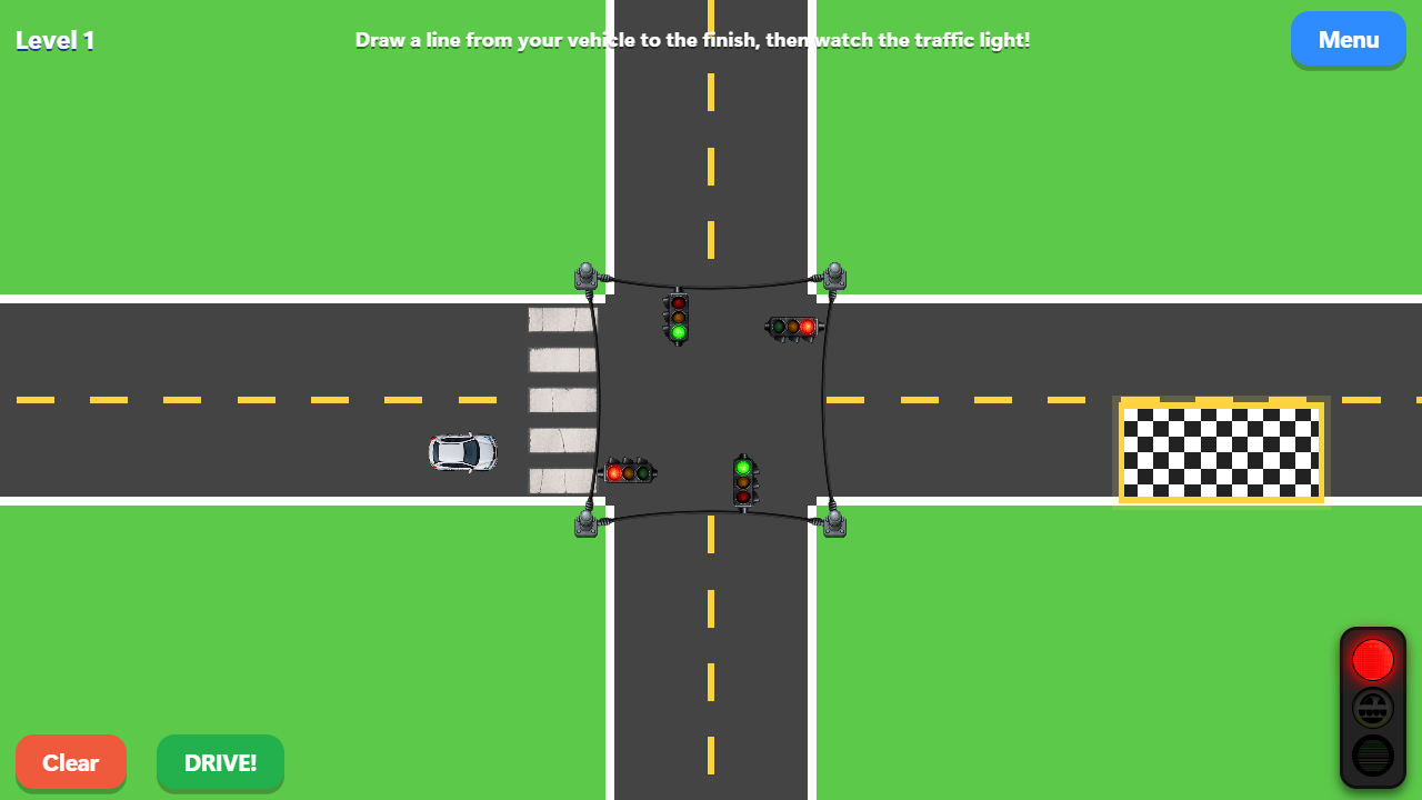Draw to Drive Level 1 with a car, traffic lights, crossroads, and a checkered finish