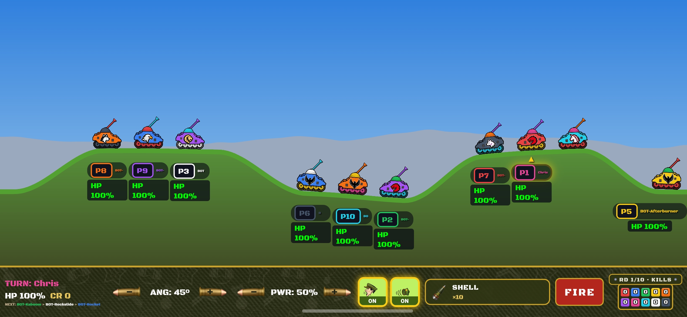 A ten-tank GoGo Tanks battle on green hills